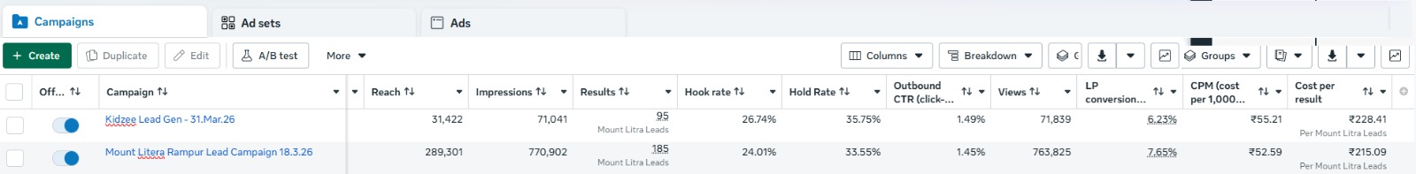 School admission campaign ads manager results
